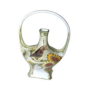 Castilian Art Nouveau Porcelain Basket hand painted Vase birds & flowers No.6133